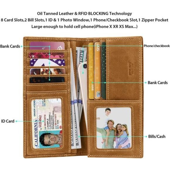 RFID Vintage Look Genuine Leather Long Bifold Wallet Checkbook Wallets for Men - Picture 2 of 8